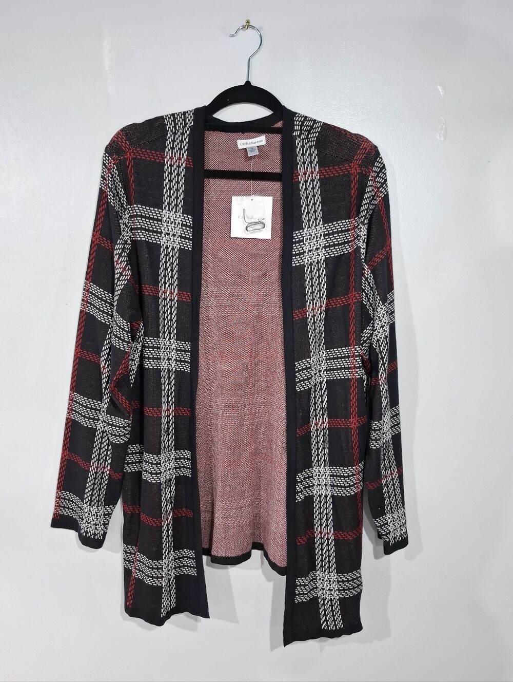 Croft & Barrow Open Cardigan Womens 1X Black White Red Plaid Long Sleeve Sweater - Picture 2 of 9